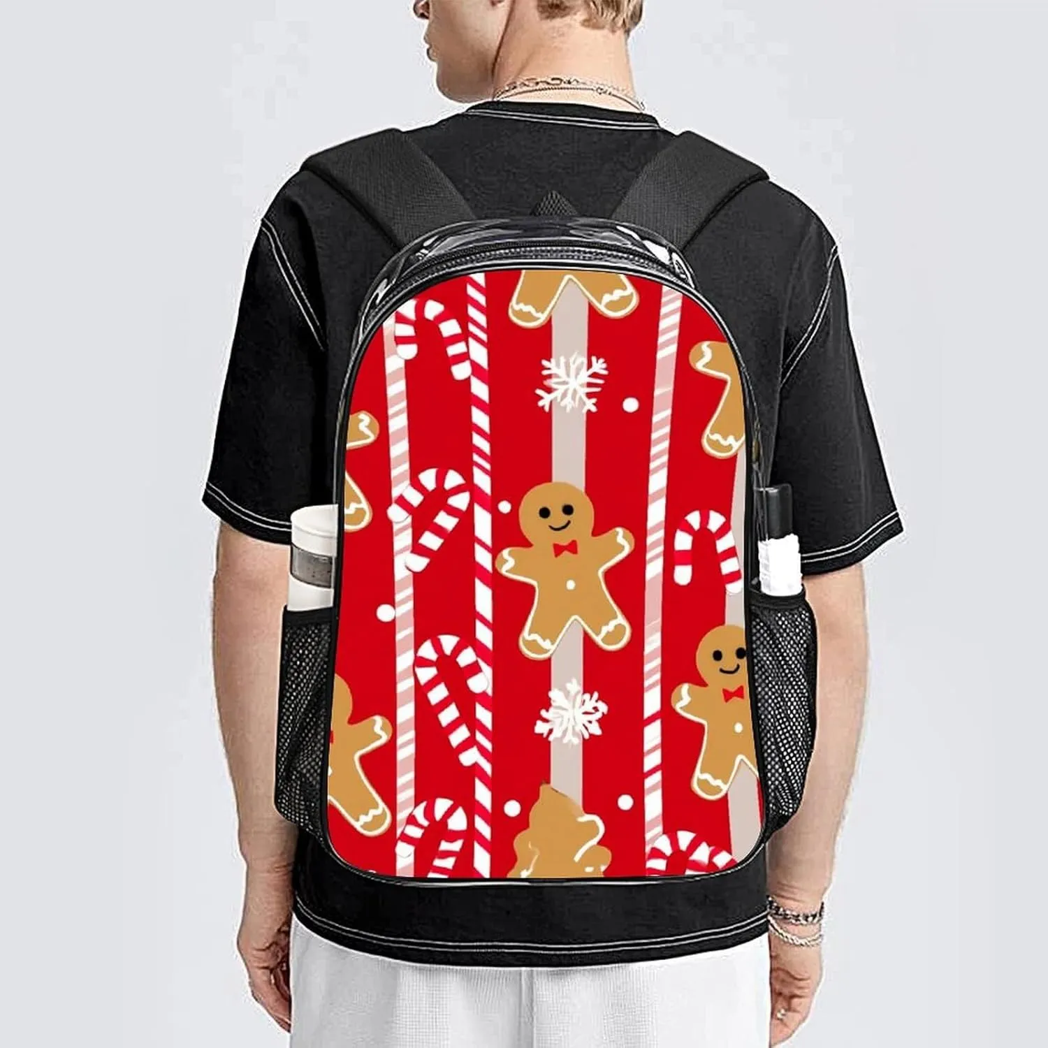 Supdreamc Lightweight Rucksacks for Camping Picnic Cycling - Large Capacity Multipurpose Transparent Carry On Bag, Christmas Red Gingerbread Cookies Candy Canes Travel Hiking & Camping Rucksack