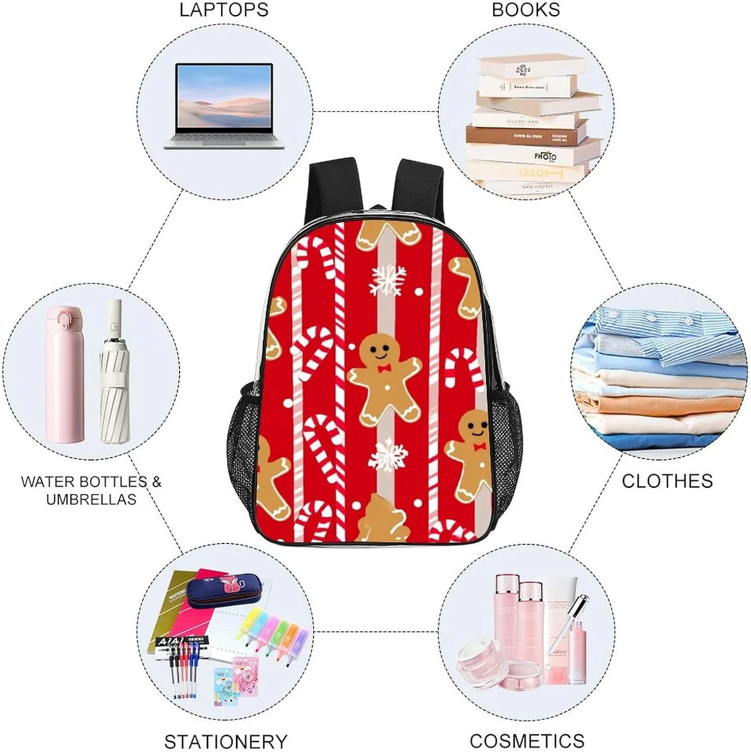 Supdreamc Lightweight Rucksacks for Camping Picnic Cycling - Large Capacity Multipurpose Transparent Carry On Bag, Christmas Red Gingerbread Cookies Candy Canes Travel Hiking & Camping Rucksack