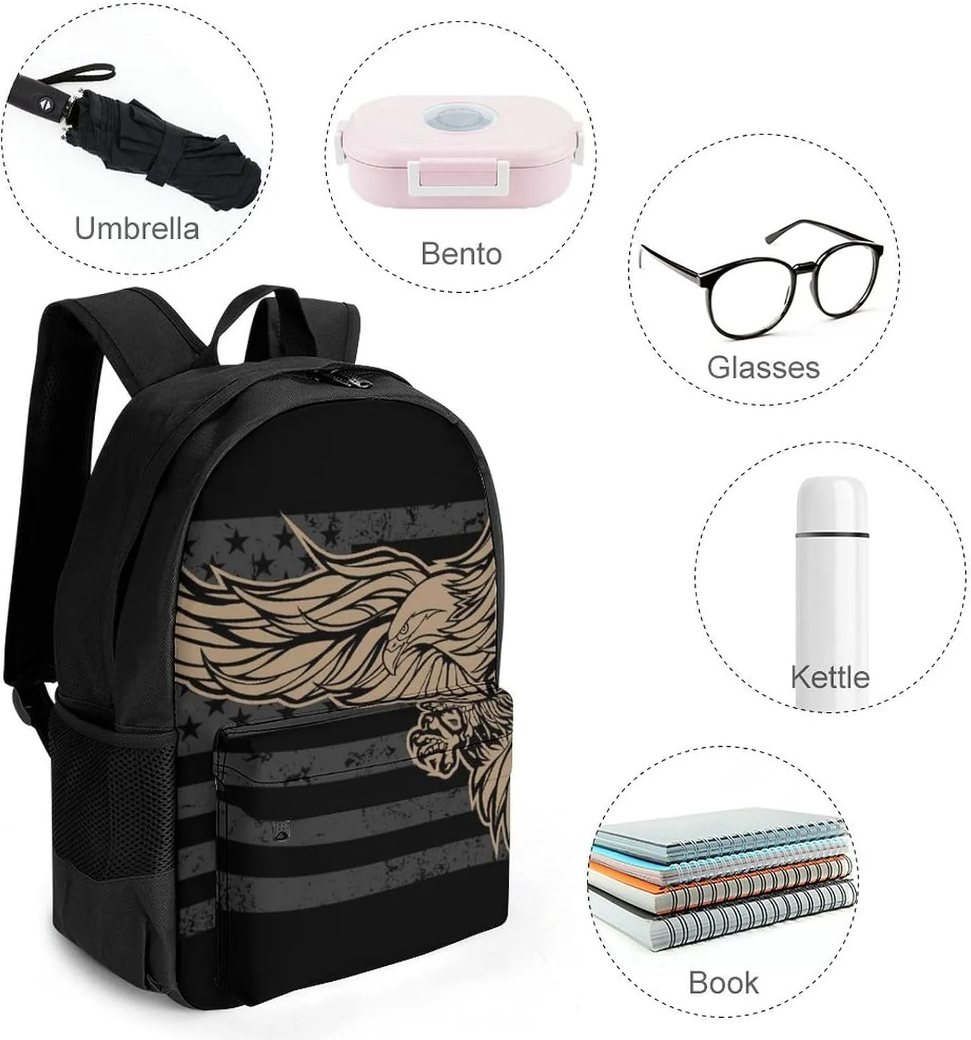 Supdreamc Lightweight Rucksacks for Climbing Outdoors Walking Cycling - Large Capacity Anti-Theft Multipurpose Carry On Bag, American Flag Usa Cool Bald Eagle Pattern Camping Outdoor Backpack