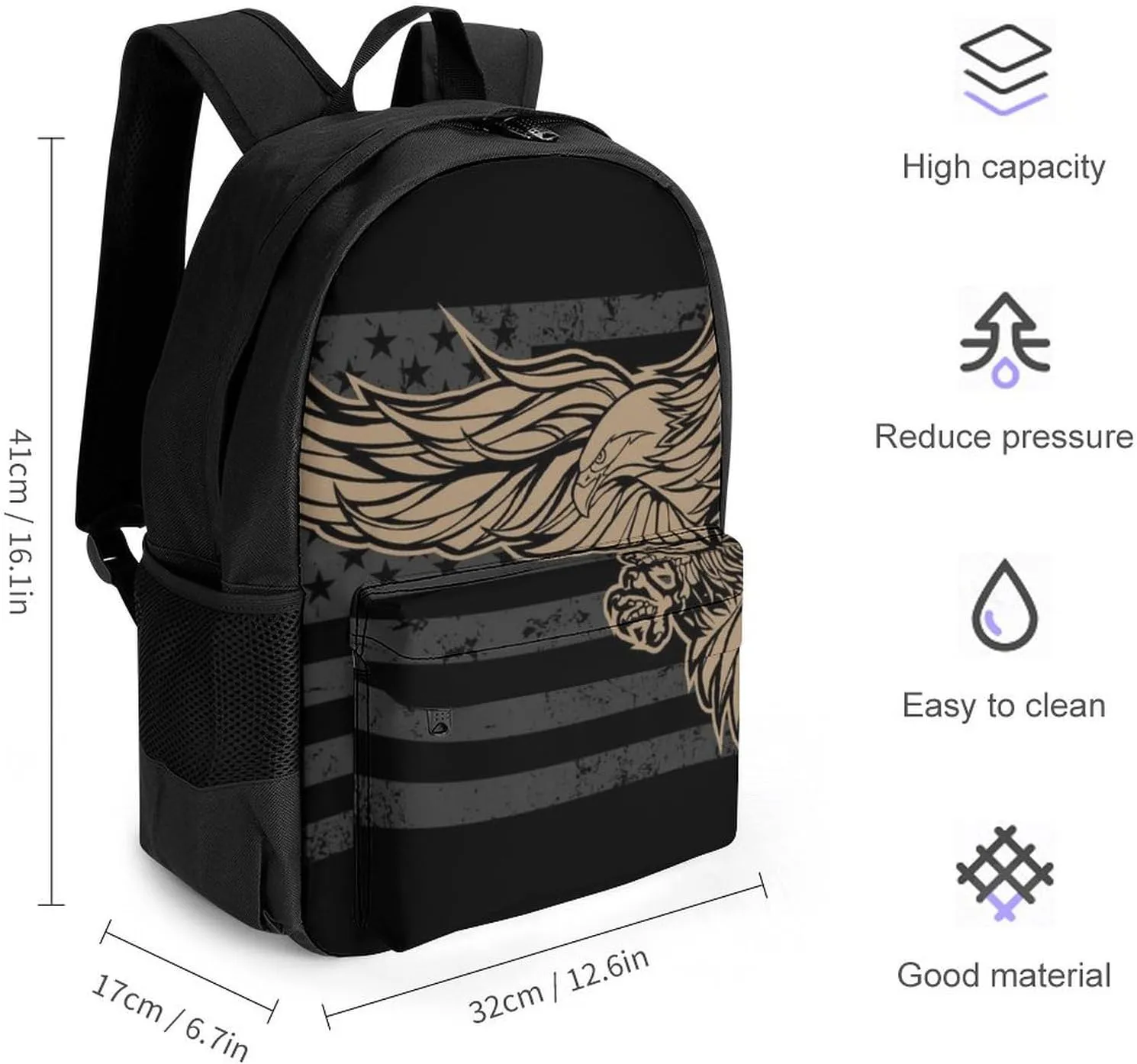 Supdreamc Lightweight Rucksacks for Climbing Outdoors Walking Cycling - Large Capacity Anti-Theft Multipurpose Carry On Bag, American Flag Usa Cool Bald Eagle Pattern Camping Outdoor Backpack