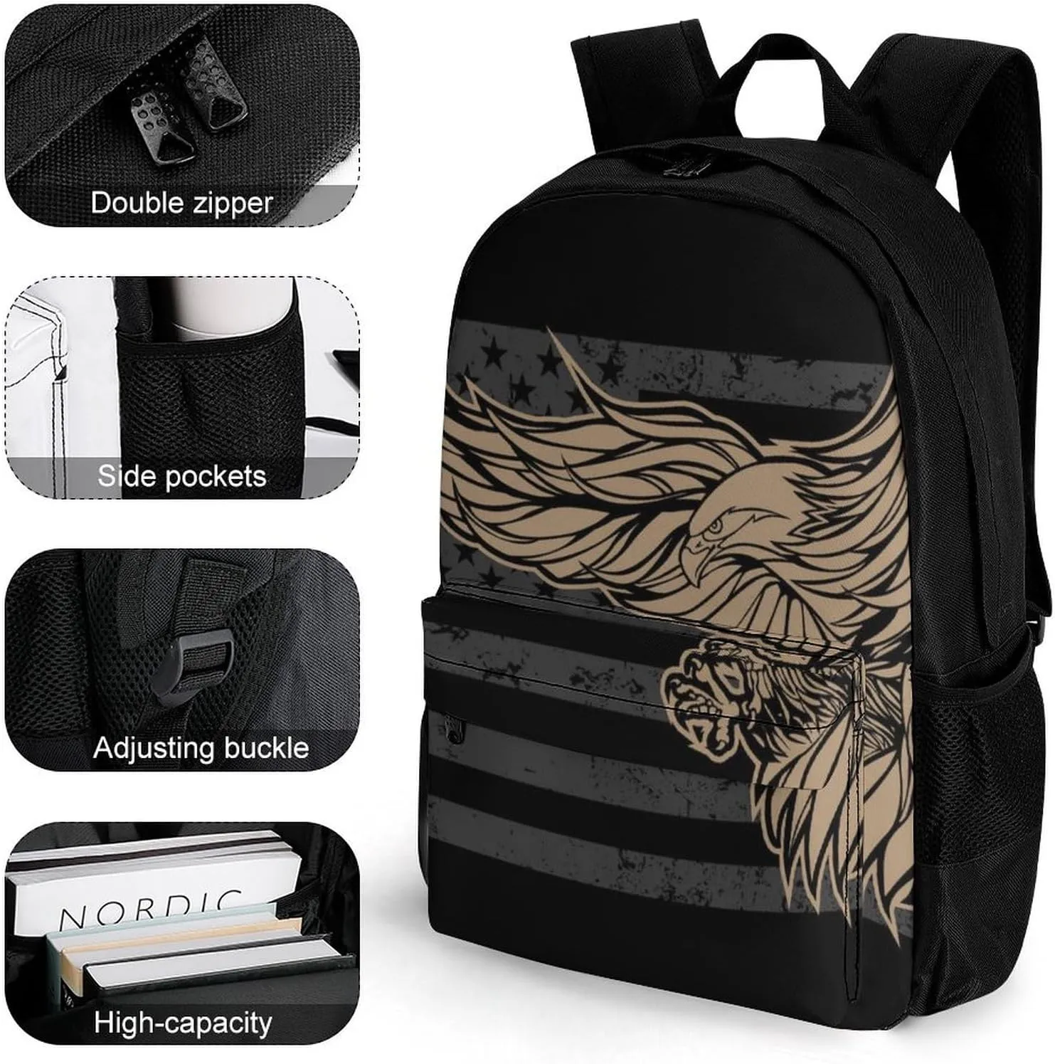 Supdreamc Lightweight Rucksacks for Climbing Outdoors Walking Cycling - Large Capacity Anti-Theft Multipurpose Carry On Bag, American Flag Usa Cool Bald Eagle Pattern Camping Outdoor Backpack