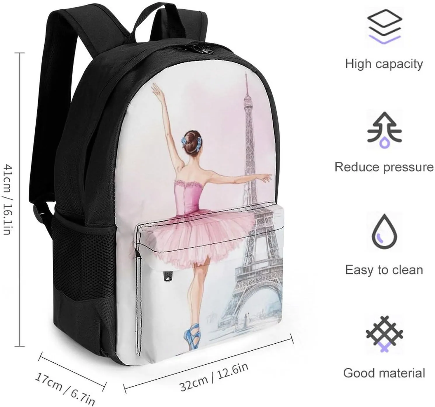 Supdreamc Lightweight Rucksacks for Climbing Outdoors Walking Cycling - Large Capacity Anti-Theft Multipurpose Carry On Bag, Ballet Dancer Ballerina Eiffel Tower Camping Outdoor Backpack