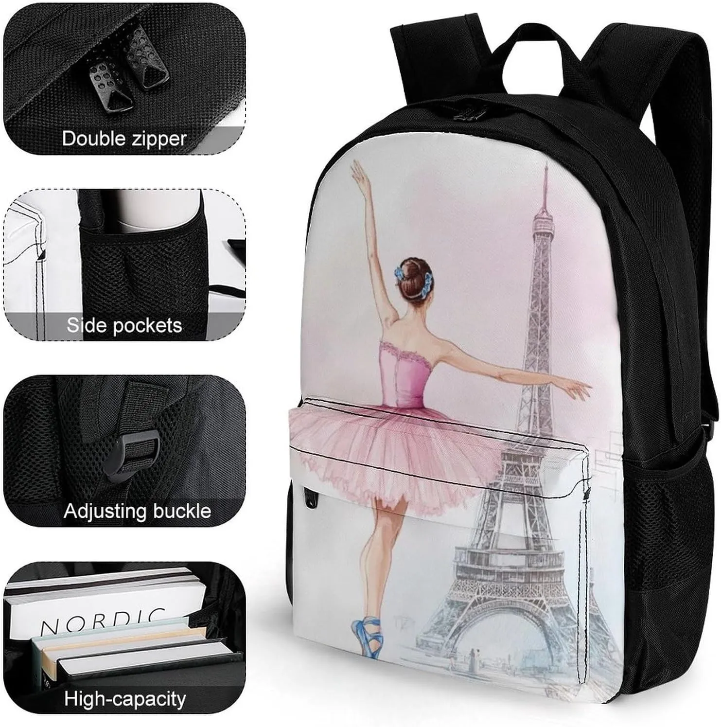 Supdreamc Lightweight Rucksacks for Climbing Outdoors Walking Cycling - Large Capacity Anti-Theft Multipurpose Carry On Bag, Ballet Dancer Ballerina Eiffel Tower Camping Outdoor Backpack