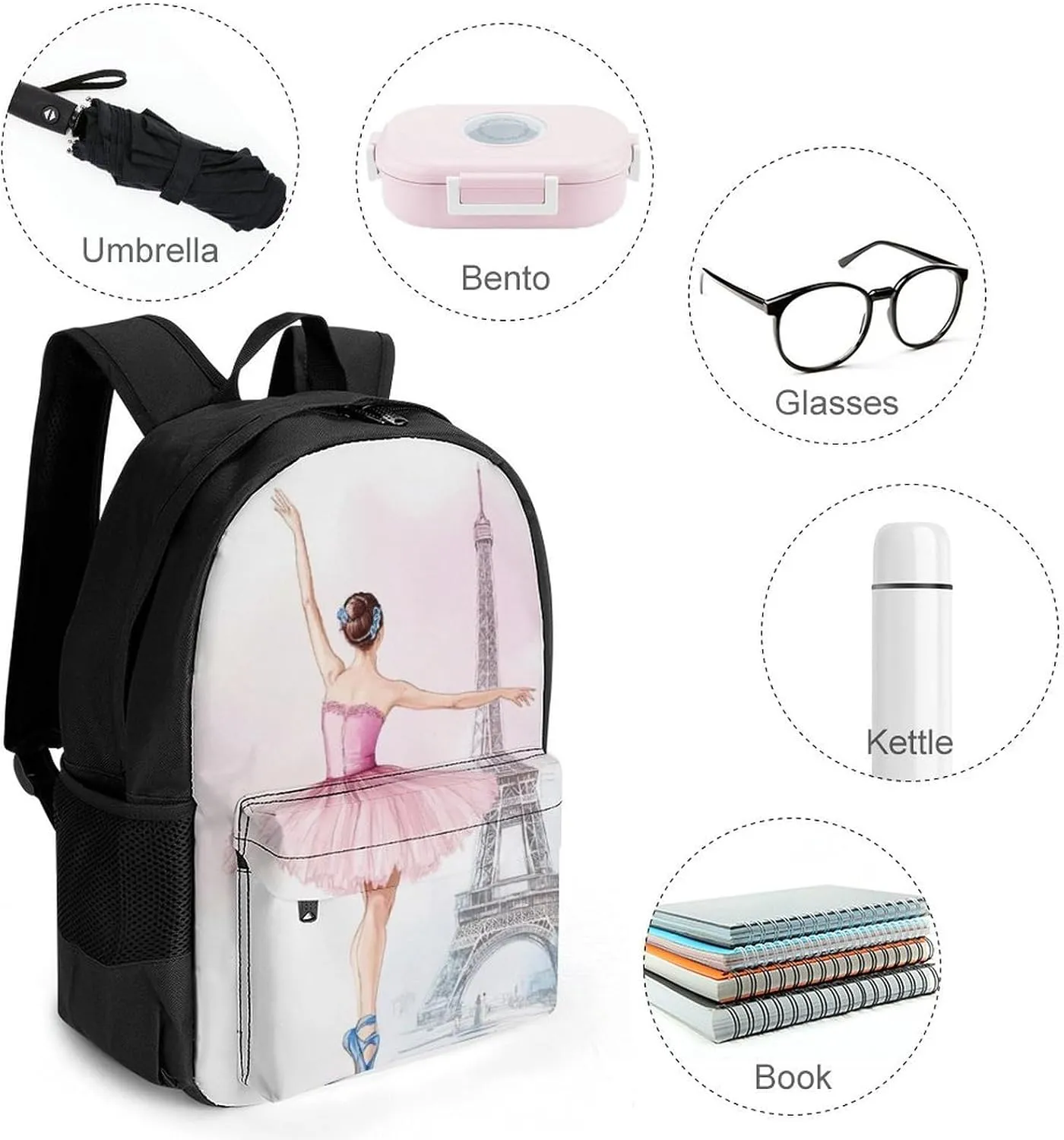 Supdreamc Lightweight Rucksacks for Climbing Outdoors Walking Cycling - Large Capacity Anti-Theft Multipurpose Carry On Bag, Ballet Dancer Ballerina Eiffel Tower Camping Outdoor Backpack