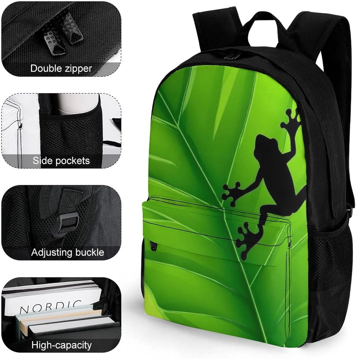 Supdreamc Polyester Daypack for Hiking Work Running - Big Capacity Anti-Theft Multipurpose Shoulder Bag, Green Leaf Frog Travel and Sport Backpack Rucksack