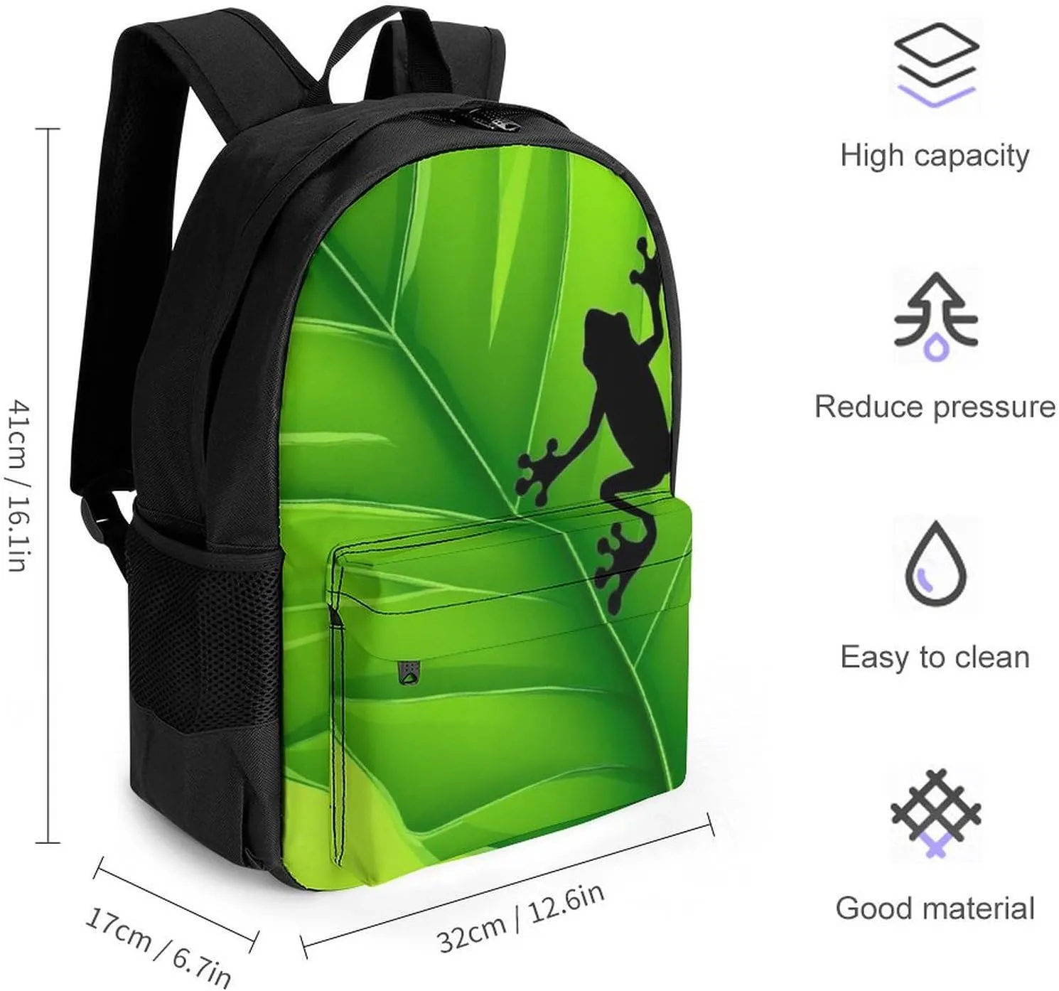 Supdreamc Polyester Daypack for Hiking Work Running - Big Capacity Anti-Theft Multipurpose Shoulder Bag, Green Leaf Frog Travel and Sport Backpack Rucksack