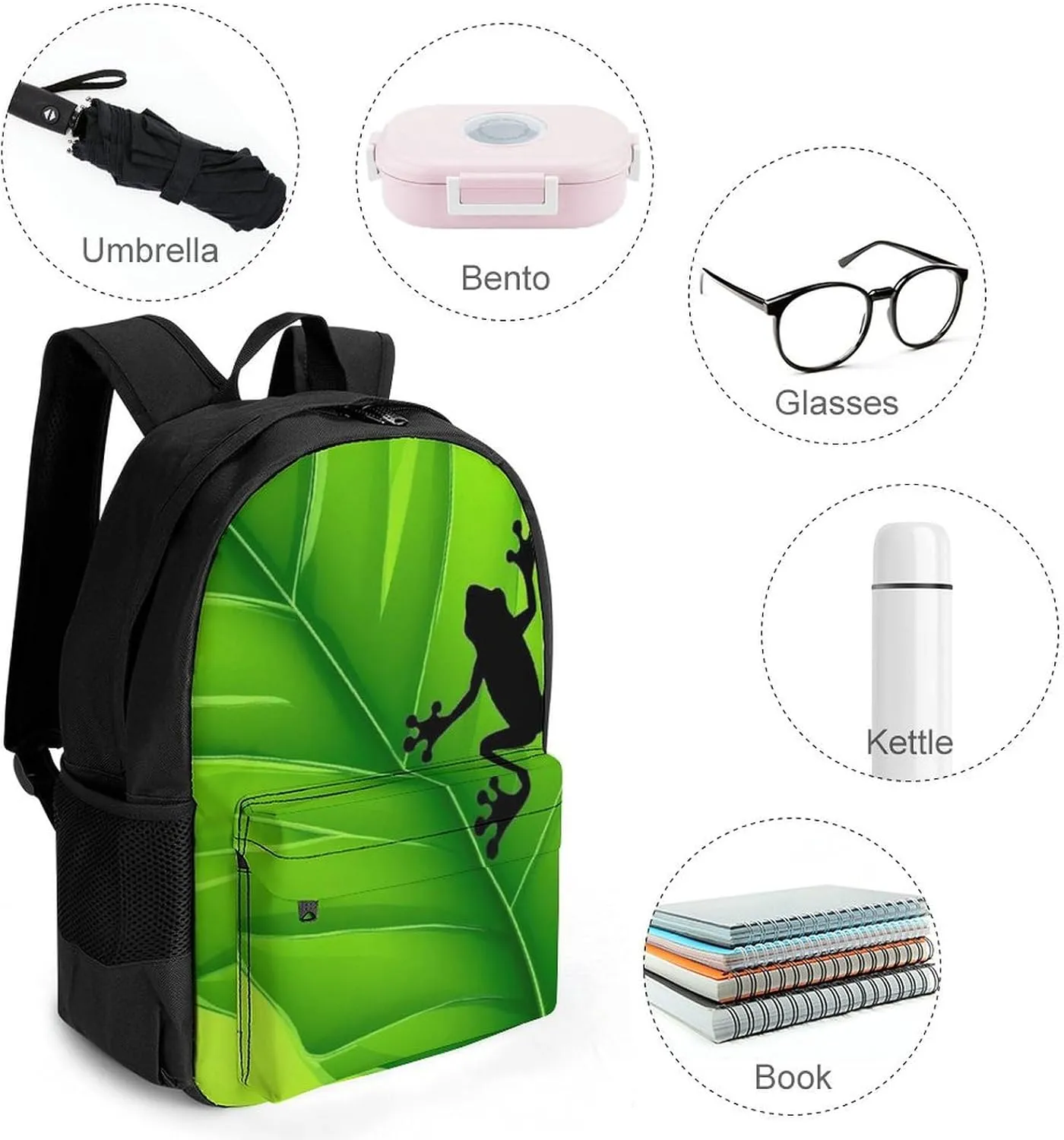 Supdreamc Polyester Daypack for Hiking Work Running - Big Capacity Anti-Theft Multipurpose Shoulder Bag, Green Leaf Frog Travel and Sport Backpack Rucksack