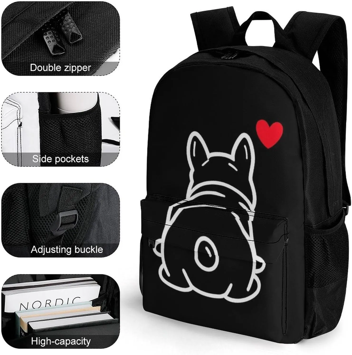 Supdreamc Women Men Polyester Funny French Bulldog Puppy Dog Casual Daypack Large Capacity Bookbag With Side Pockets for Sports Picnic Walking Cycling