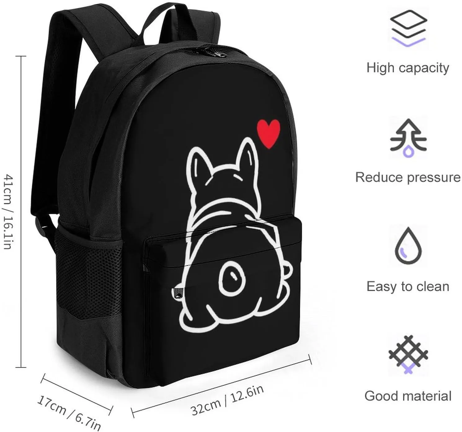 Supdreamc Women Men Polyester Funny French Bulldog Puppy Dog Casual Daypack Large Capacity Bookbag With Side Pockets for Sports Picnic Walking Cycling