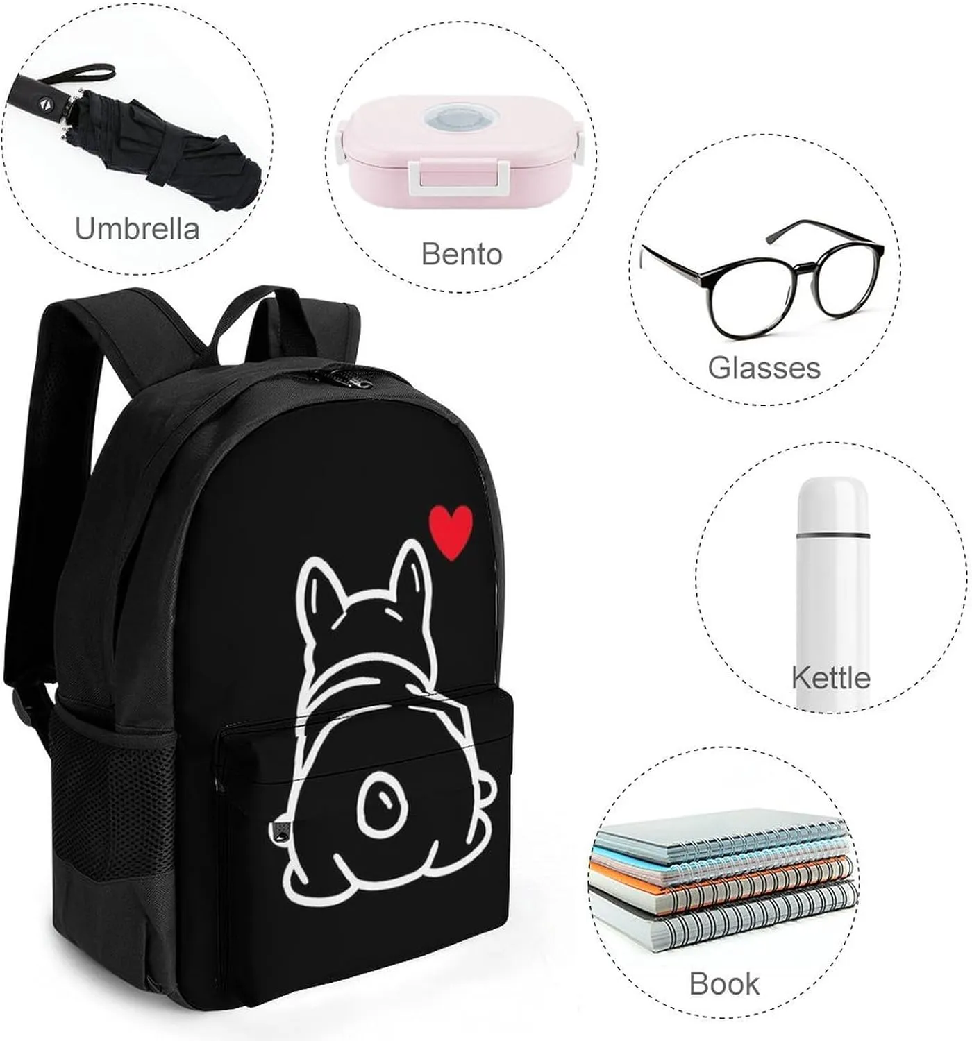 Supdreamc Women Men Polyester Funny French Bulldog Puppy Dog Casual Daypack Large Capacity Bookbag With Side Pockets for Sports Picnic Walking Cycling