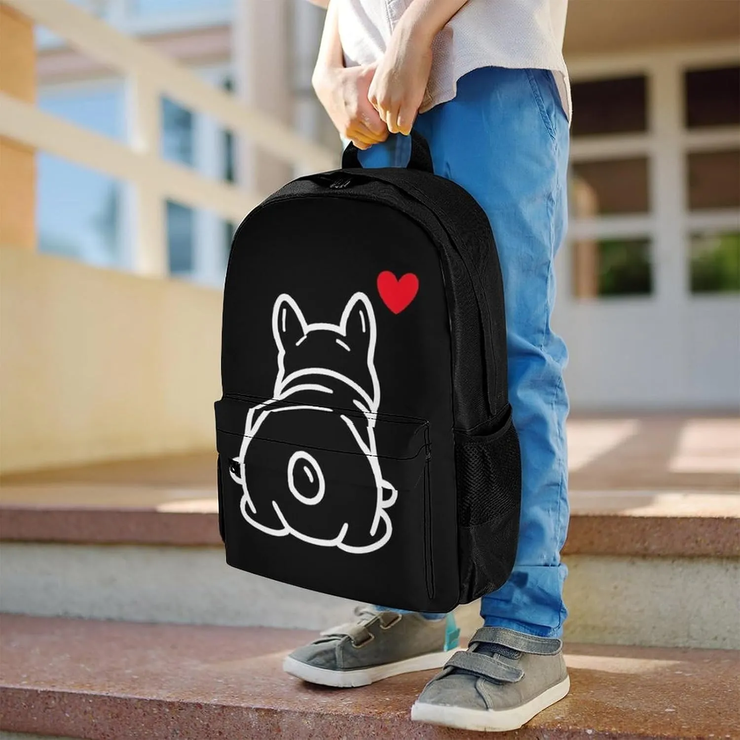 Supdreamc Women Men Polyester Funny French Bulldog Puppy Dog Casual Daypack Large Capacity Bookbag With Side Pockets for Sports Picnic Walking Cycling