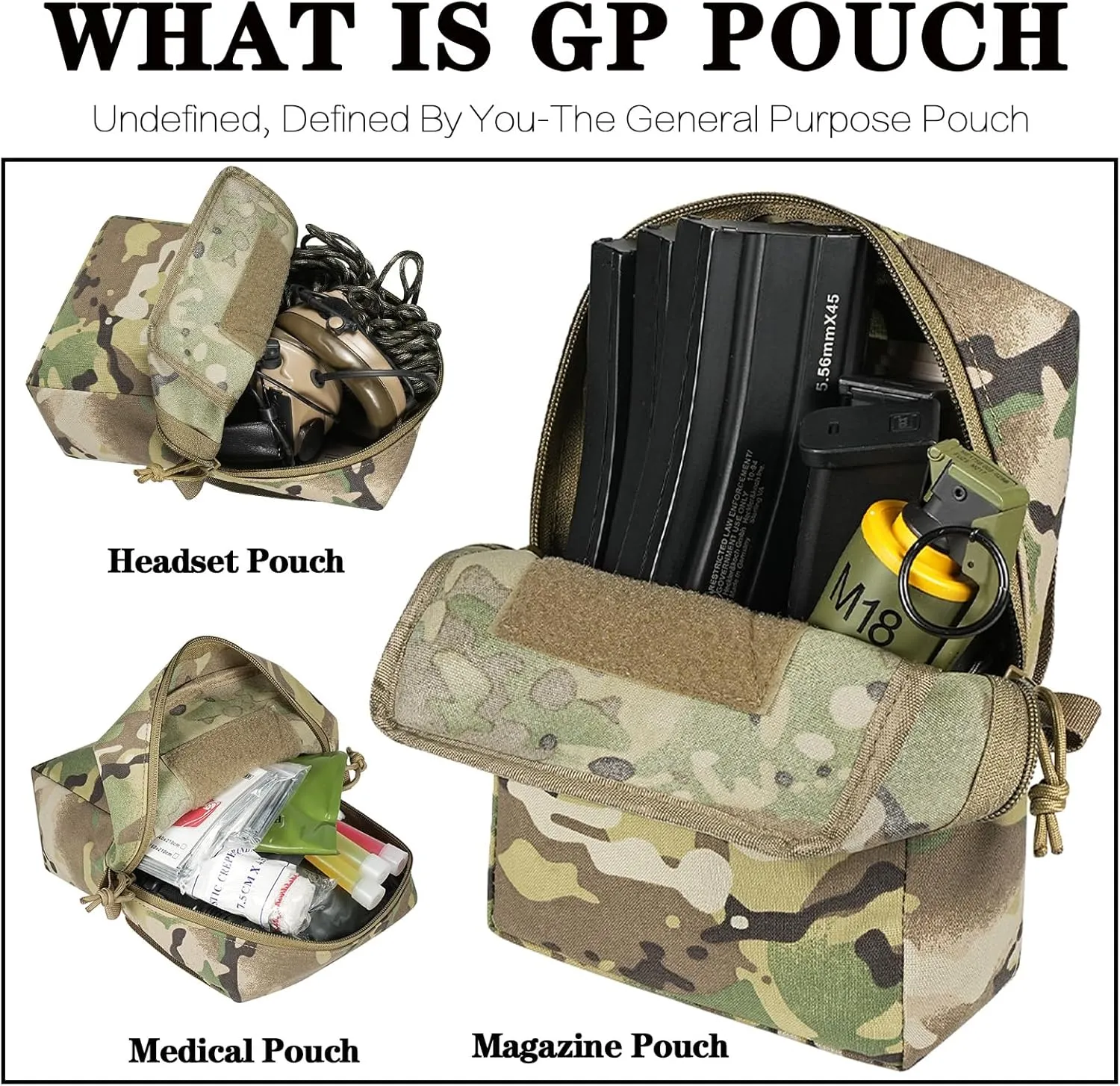 Tactical GP Wide/Tall Pouch,Molle General Purpose Pouches,Structured Horizontal/Vertical Utility Expanded Storage Bag