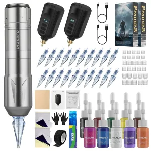 Tattoo Gun Kit Wireless Tattoo Pen Machine with 2 Tattoo Batteries, 20 Tattoo Cartridge Needles,10 Tattoo Ink Color Set, Complete Tattoo Accessories EKP650-7