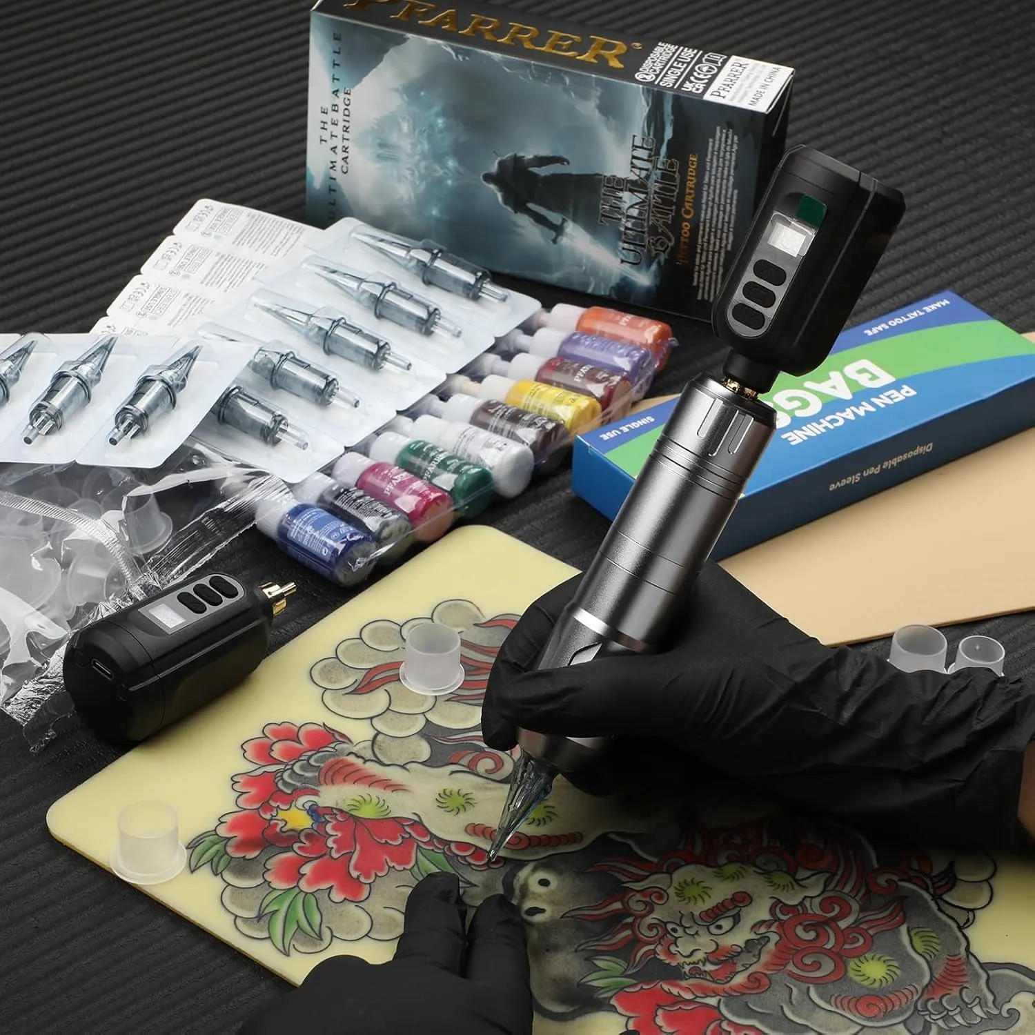 Tattoo Gun Kit Wireless Tattoo Pen Machine with 2 Tattoo Batteries, 20 Tattoo Cartridge Needles,10 Tattoo Ink Color Set, Complete Tattoo Accessories EKP650-7