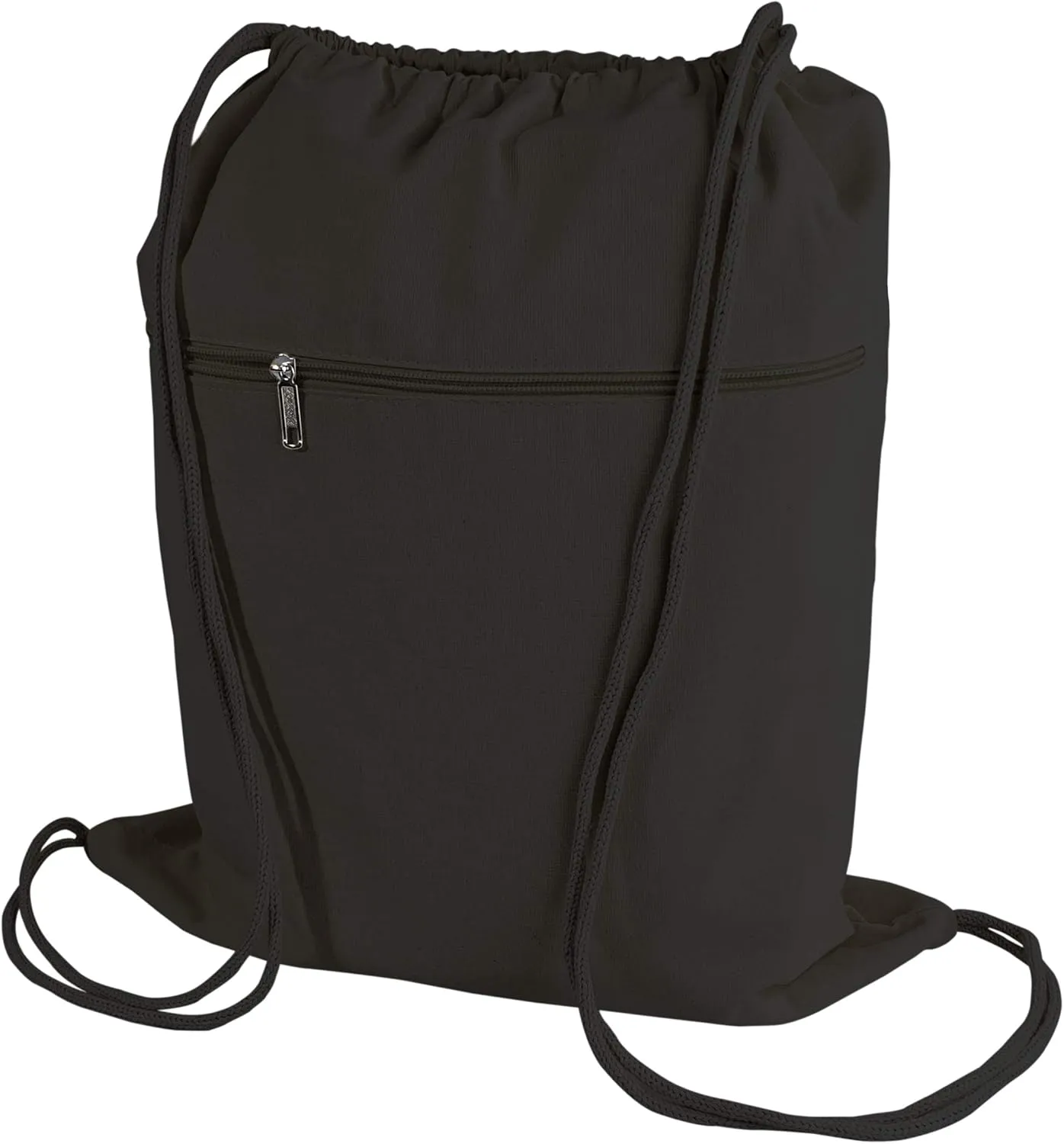 TBF Cotton Canvas Drawstring Backpack with Zippered Front Pocket Cinch Sack Pull String Sport Bags for Gym, Hike, Men Women Kids Bags (Black, Set of 6)