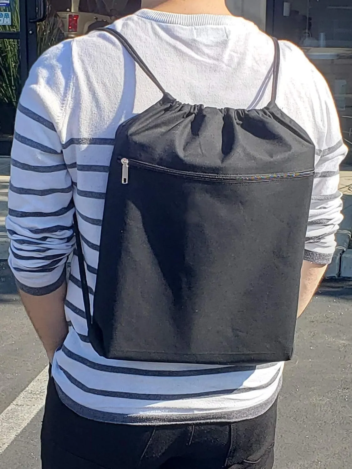 TBF Cotton Canvas Drawstring Backpack with Zippered Front Pocket Cinch Sack Pull String Sport Bags for Gym, Hike, Men Women Kids Bags (Black, Set of 6)