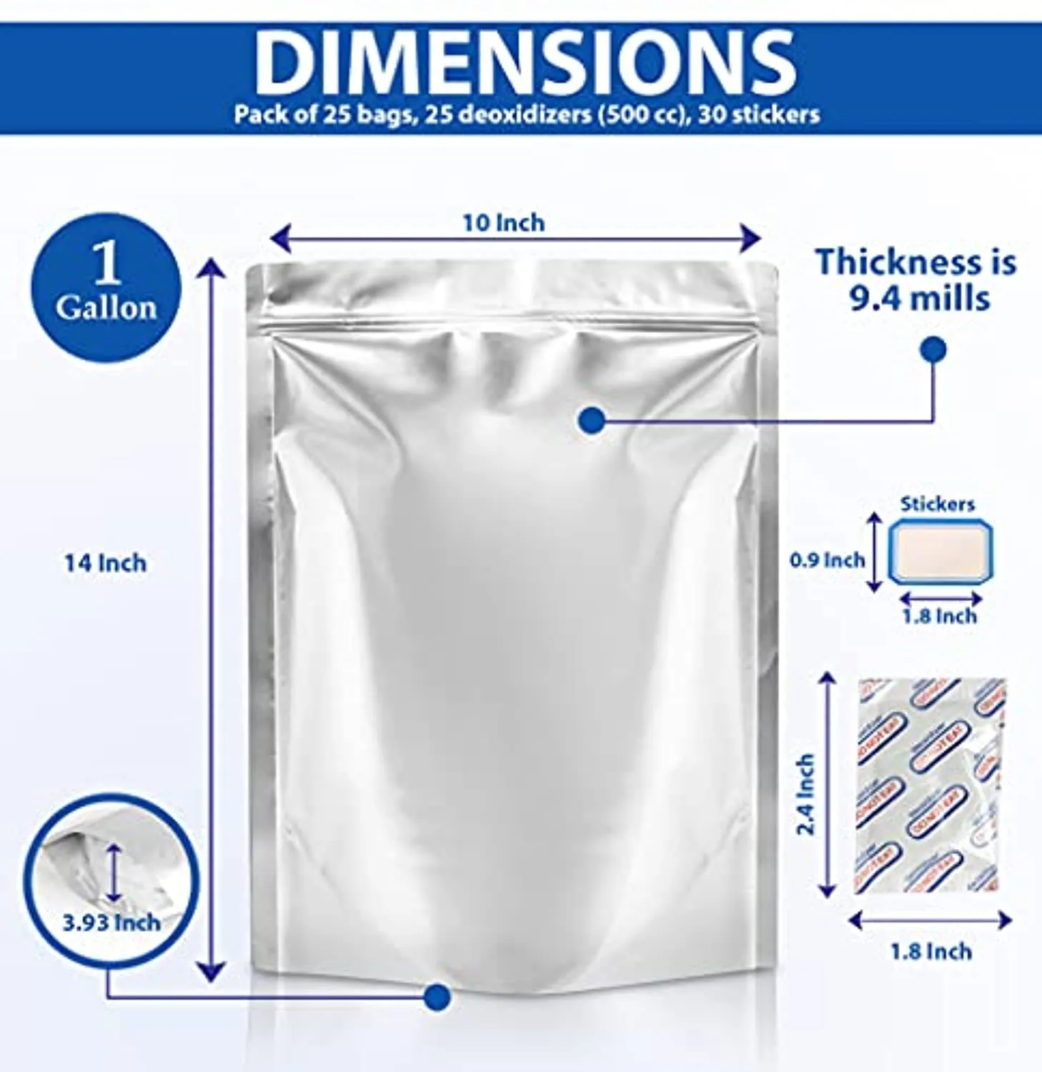 TEKUNLIMITED 25 Pack Resealable Mylar Bags for Food Storage – 1 Gallon (10 x 14 Inch with 9.4 Mil Ultra Thickness) with 500cc Oxygen Absorbers – Vacuum Seal Bags for Meat, Cookies, Nuts and Vegetables