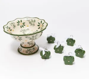 Temp-tations Centertaining Pedestal 1 Qt Bowl w/ 6 Place Card Holders (can use as Ornaments) (Classic Green)