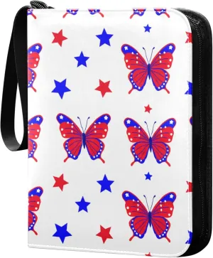 The USA Butterflies with Stars Card Binder 4 Pocket Collectible Trading Card Albums with 50 Sleeves Double Side PU Waterproof 3 Ring for Sports & Game Cards