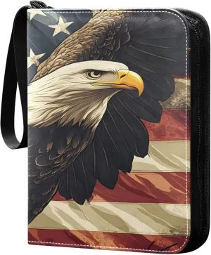 The USA Flag and Bird Card Binder 4 Pocket Collectible Trading Card Albums with 50 Sleeves Double Side PU Waterproof 3 Ring for Sports & Game Cards
