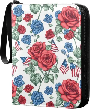 The USA Flag and Roses Card Binder 4 Pocket Collectible Trading Card Albums with 50 Sleeves Double Side PU Waterproof 3 Ring for Sports & Game Cards