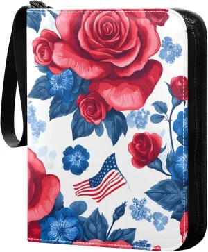 The USA Flag and Roses Card Binder 4 Pocket Collectible Trading Card Albums with 50 Sleeves Double Side PU Waterproof 3 Ring for Sports & Game Cards