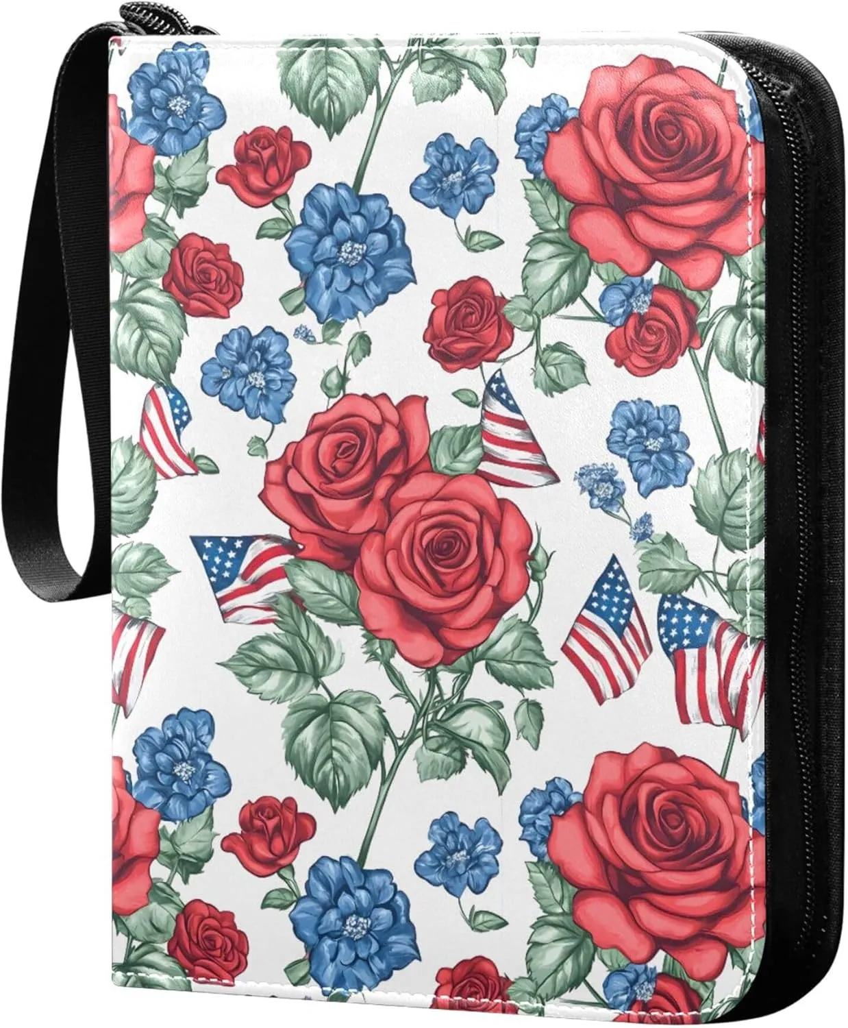 The USA Flag and Roses Card Binder 4 Pocket Collectible Trading Card Albums with 50 Sleeves Double Side PU Waterproof 3 Ring for Sports & Game Cards