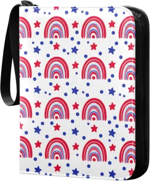 The USA Flag Beautiful Rainbow Card Binder 4 Pocket Collectible Trading Card Albums with 50 Sleeves Double Side PU Waterproof 3 Ring for Sports & Game Cards
