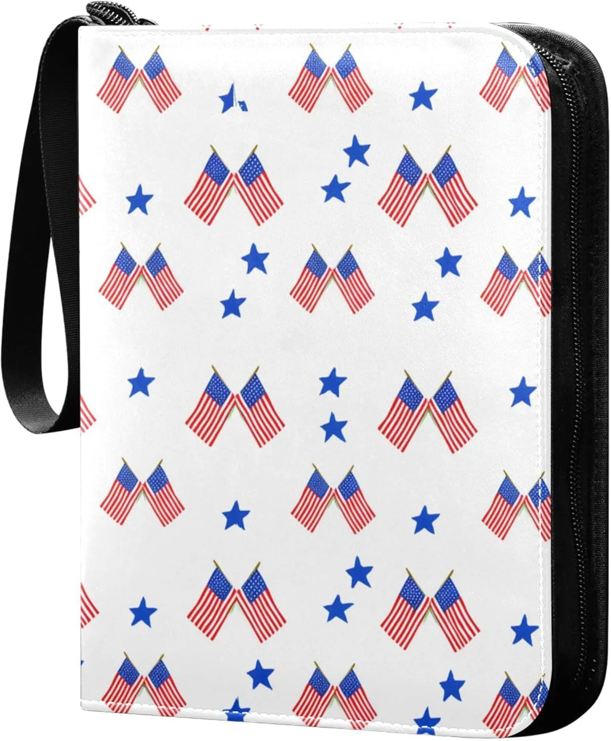 The USA Flag with Stars Card Binder 4 Pocket Collectible Trading Card Albums with 50 Sleeves Double Side PU Waterproof 3 Ring for Sports & Game Cards