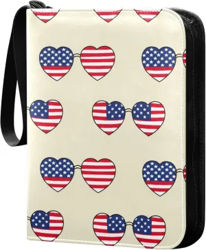The USA Heart-shaped Glasses Card Binder 4 Pocket Collectible Trading Card Albums with 50 Sleeves Double Side PU Waterproof 3 Ring for Sports & Game Cards