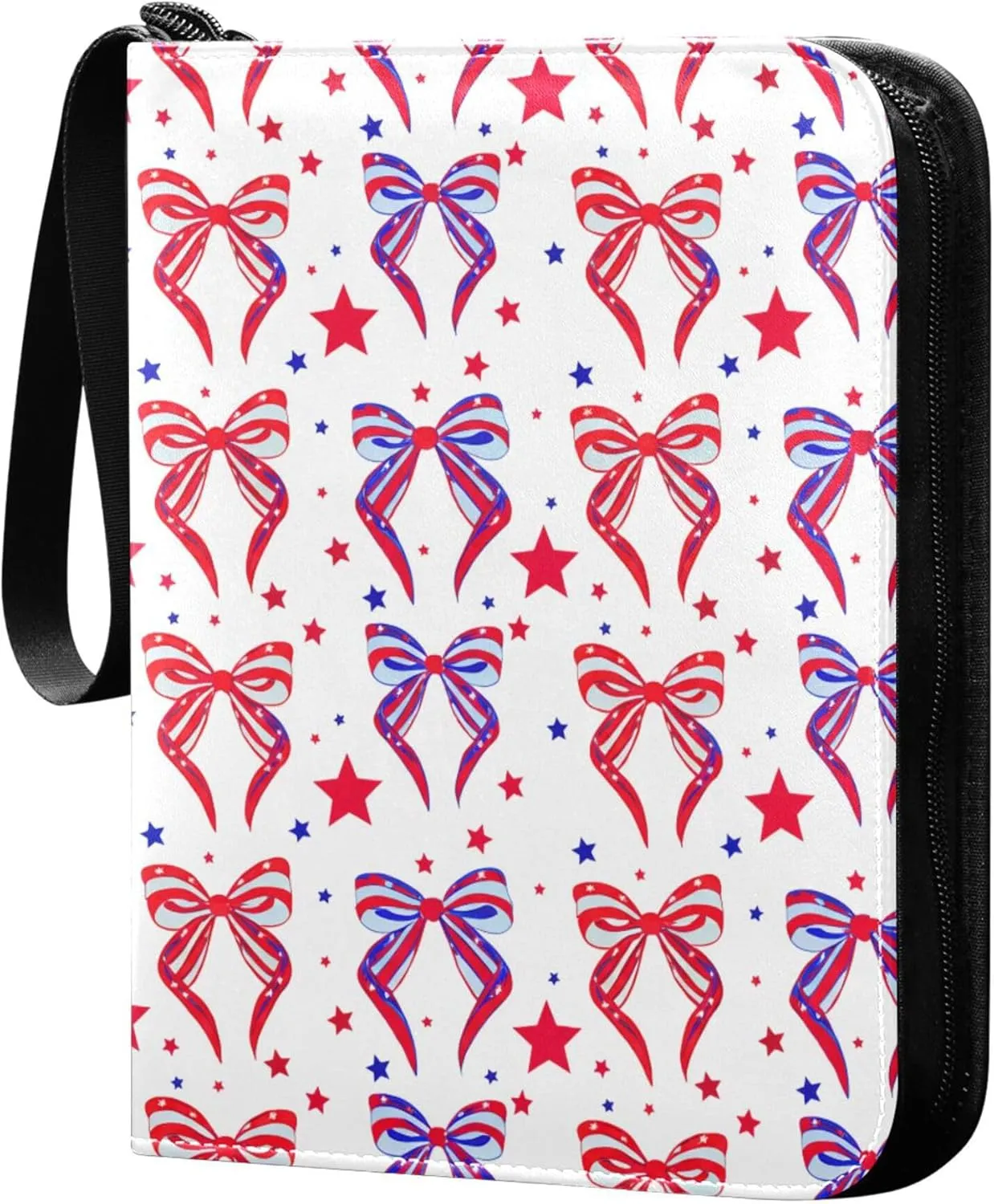 The USA Pretty Bows and Stars Card Binder 4 Pocket Collectible Trading Card Albums with 50 Sleeves Double Side PU Waterproof 3 Ring for Sports & Game Cards