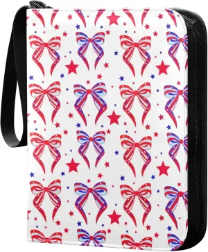 The USA Pretty Bows and Stars Card Binder 4 Pocket Collectible Trading Card Albums with 50 Sleeves Double Side PU Waterproof 3 Ring for Sports & Game Cards