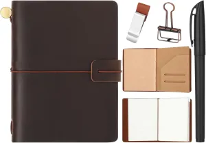 Thenshop Travelers Refillable Leather Journal Notebook 5.3 x 4.1 Inch Brown Travel Diary Handmade Passport Travelers Journal for Men and Women with 3 Notebook Inserts, Pen Holder, Binder Clip