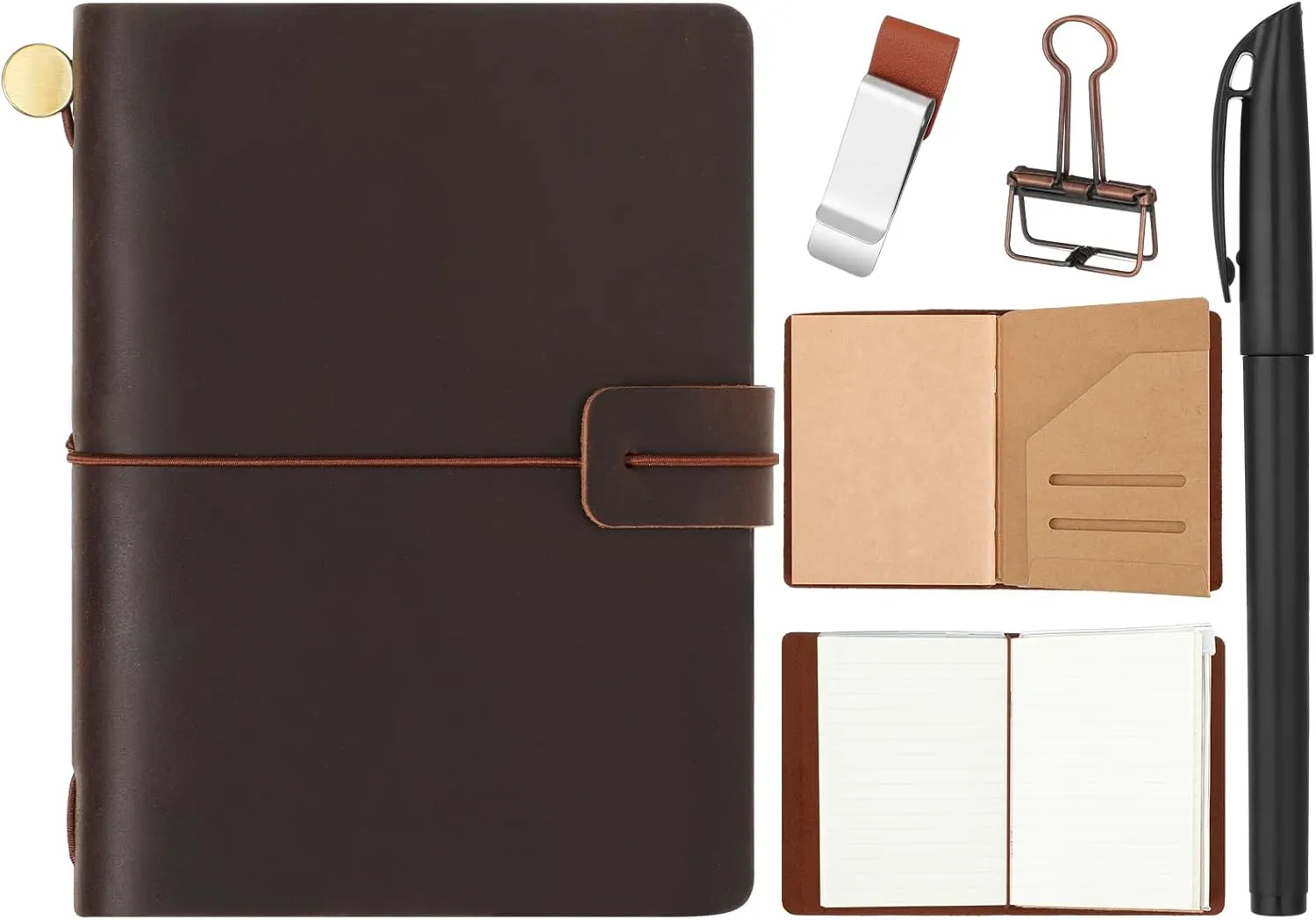 Thenshop Travelers Refillable Leather Journal Notebook 5.3 x 4.1 Inch Brown Travel Diary Handmade Passport Travelers Journal for Men and Women with 3 Notebook Inserts, Pen Holder, Binder Clip