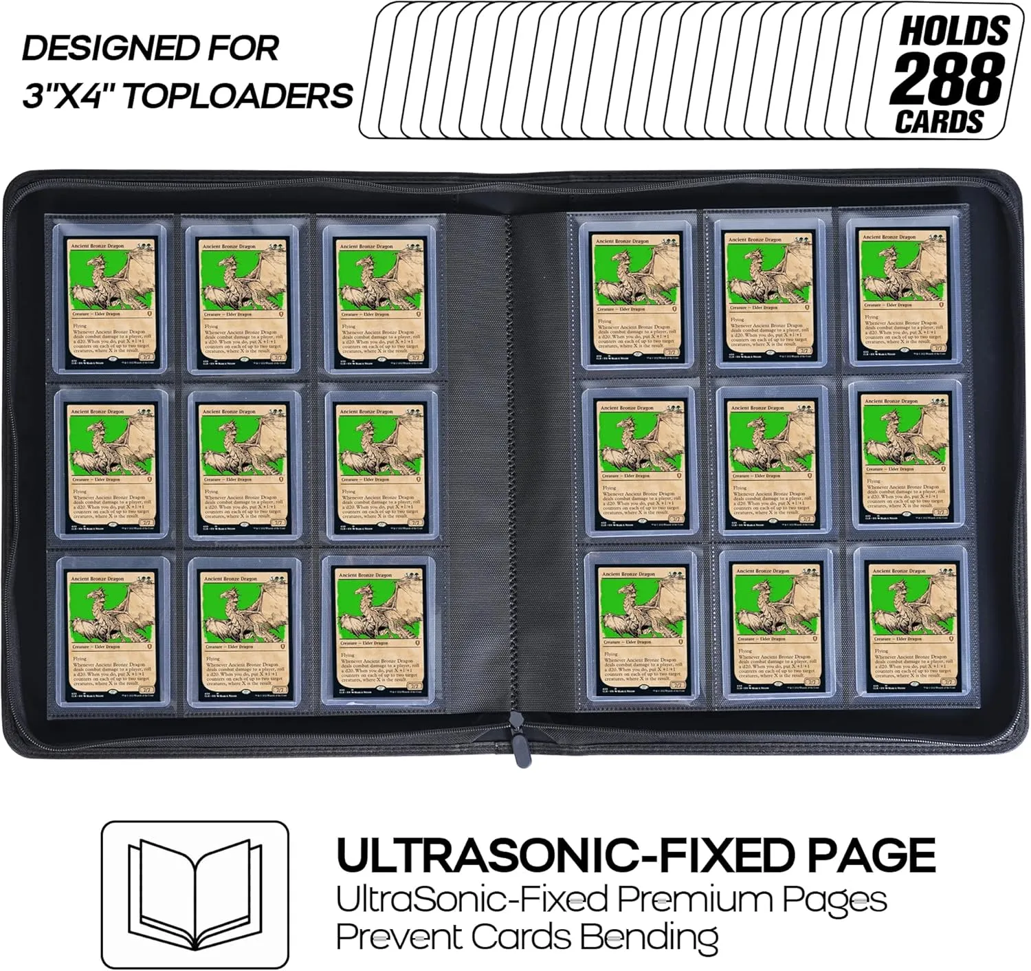 Top Loader Binder, Holds 288 Top Loaders - 9-Pocket Toploader Binder for 3" x 4" Rigid Card Holders for Trading Cards or Sports Cards, Model A - Brilliant Green