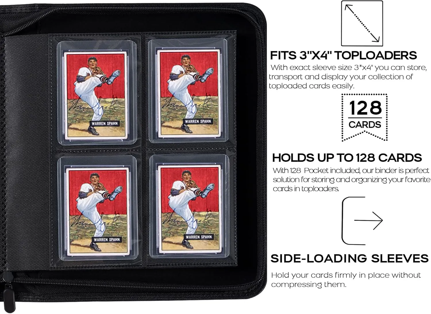 Toploader Binder, Holds 128 Top Loaders - 4 Pocket Top Loader Binder for 3" x 4" Rigid Card Holders for Trading Cards or Sports Cards, Model A - Classic Black