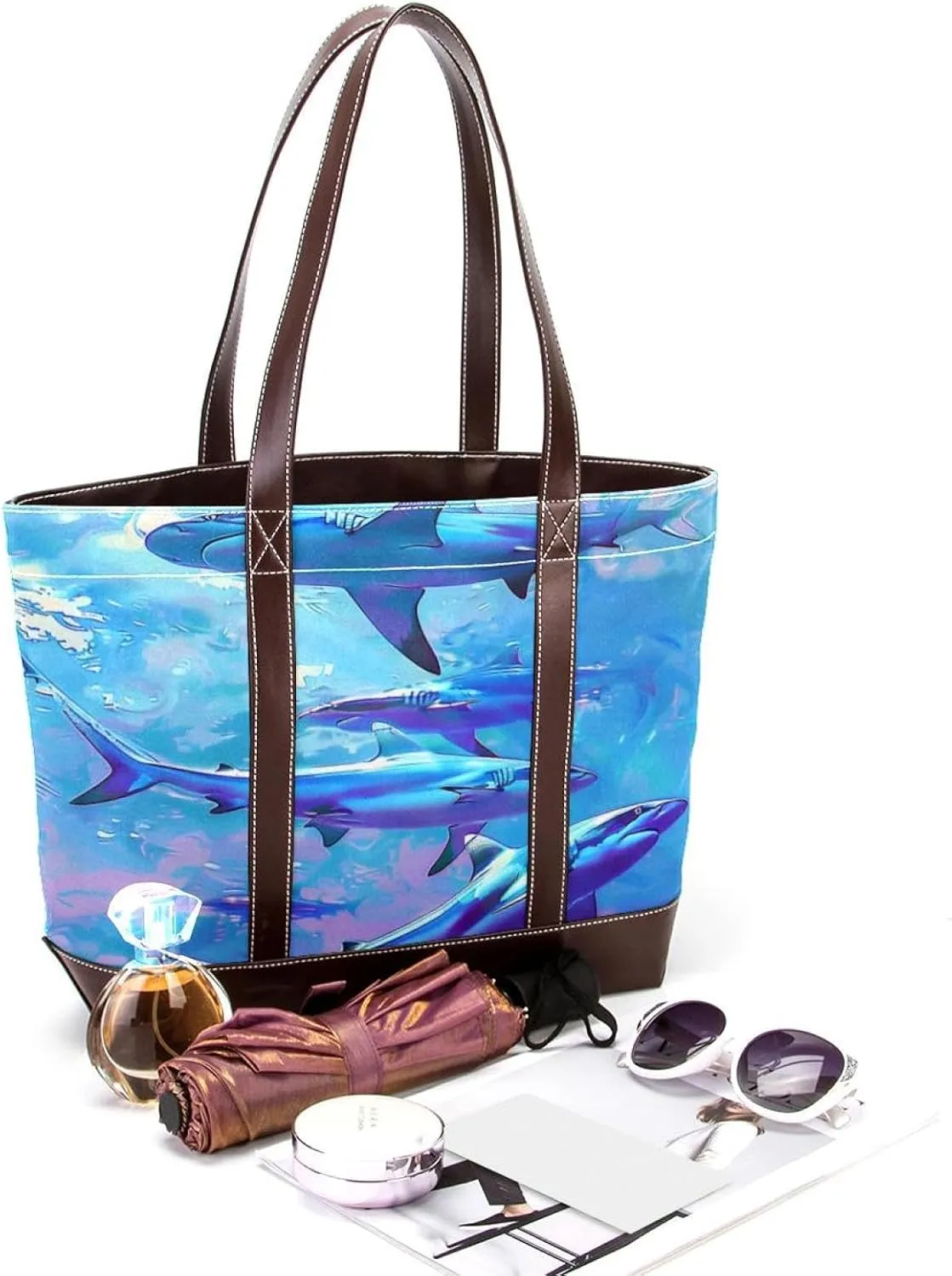 Tote Bag for Women, Large Tote Bags for Women, Women's Tote Handbags, Marine Animal Shark Swarm, Totes for Women