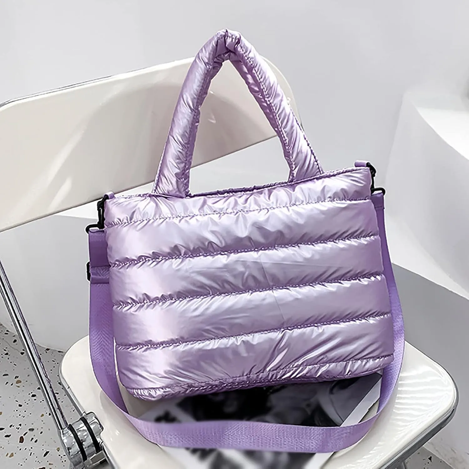 Tote Bag For Women Quilted Handbag Lightweight Winter Down Cotton Padded Shoulder Crossbody Handbags Down Padding Shopping
