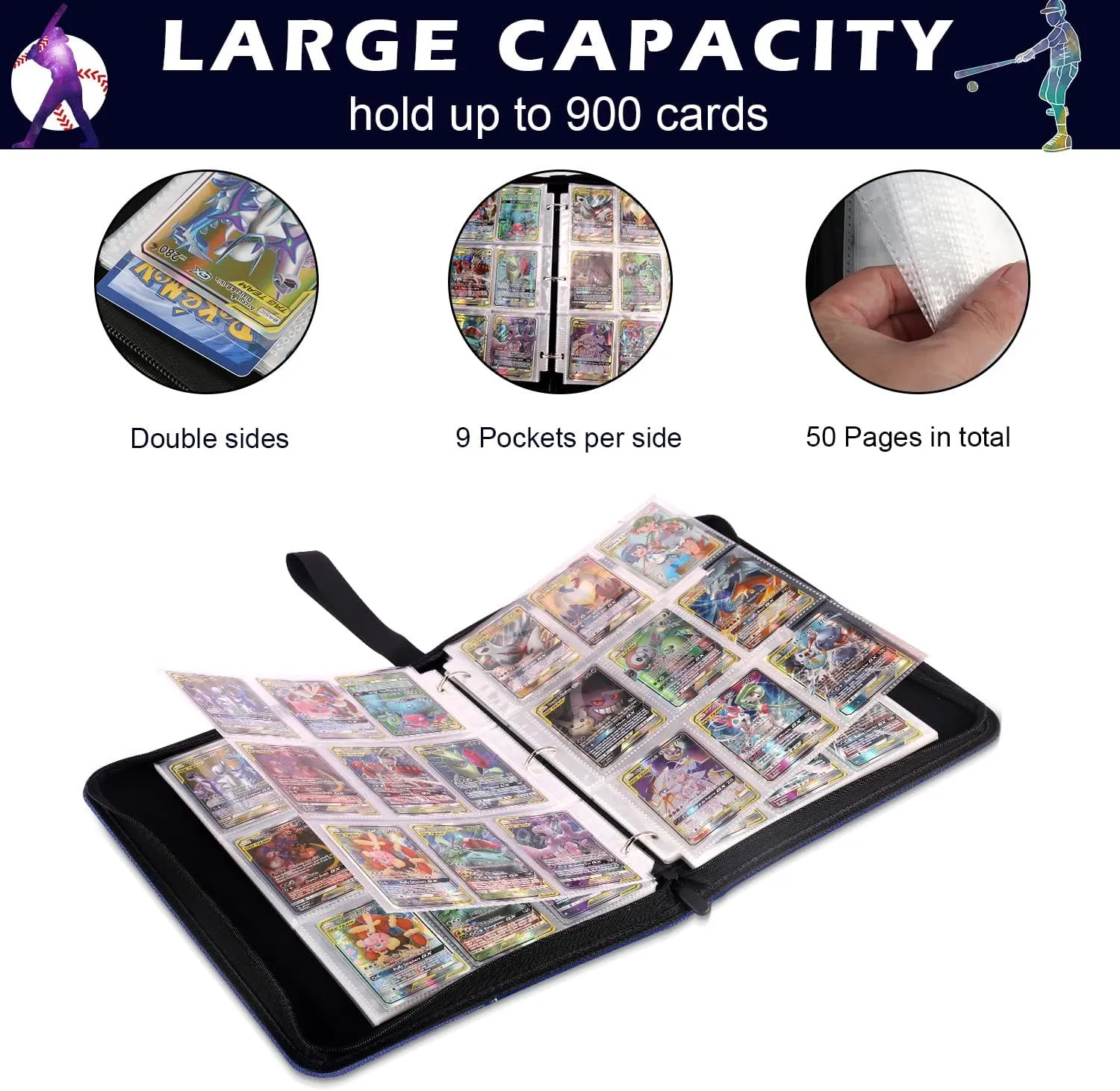 Trading Card Binder with Sleeves, Sports Card Binder Collectible Trading Card Albums Fits Cards with 50 Removable Sleeves (Blue, 900 Pockets)