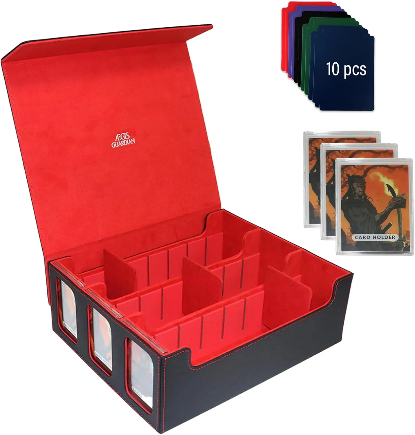 Trading Card Storage Box, 2400  MTG Deck Box with Display Windows and Card Supporters, Card Deck Case for TCG Game Cards with 10 Colorful Dividers and 3 Card Holders, PU Commander Deck Box, Red