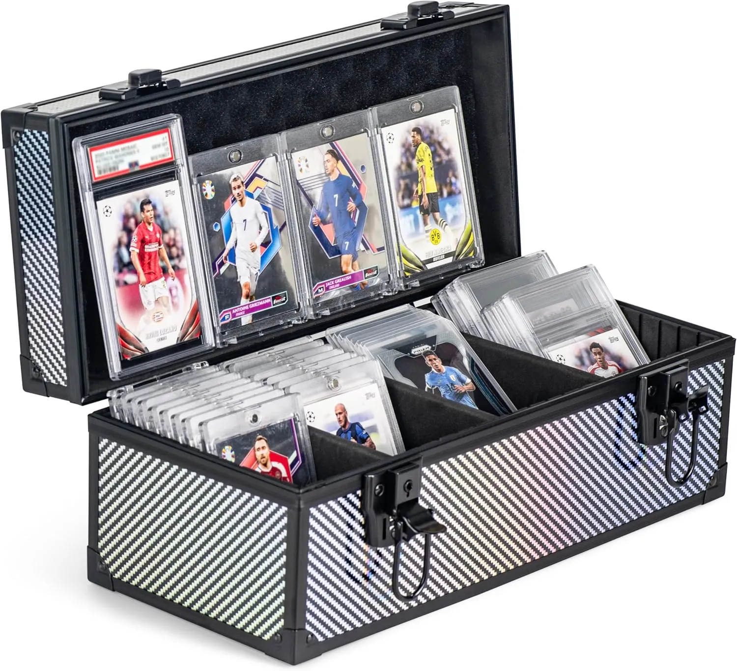 Trading Card Storage Box, Aluminum Alloy Graded Card Storage Box with 3 Dividers, fits 3" x 4" Clear CardSleeves, Sports Cards
