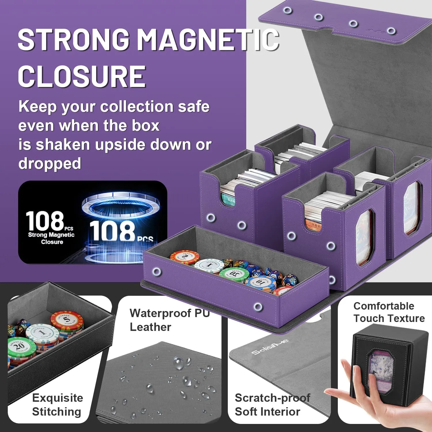 Trading Card Storage Box with Commander Display for MTG, TCG, Sports Cards, 5-in-1 Card Deck Box, Holds 450  Double-Sleeved Cards, 4 Individual Deck Cases with Covers, Dice Tray & Magnetic Holders