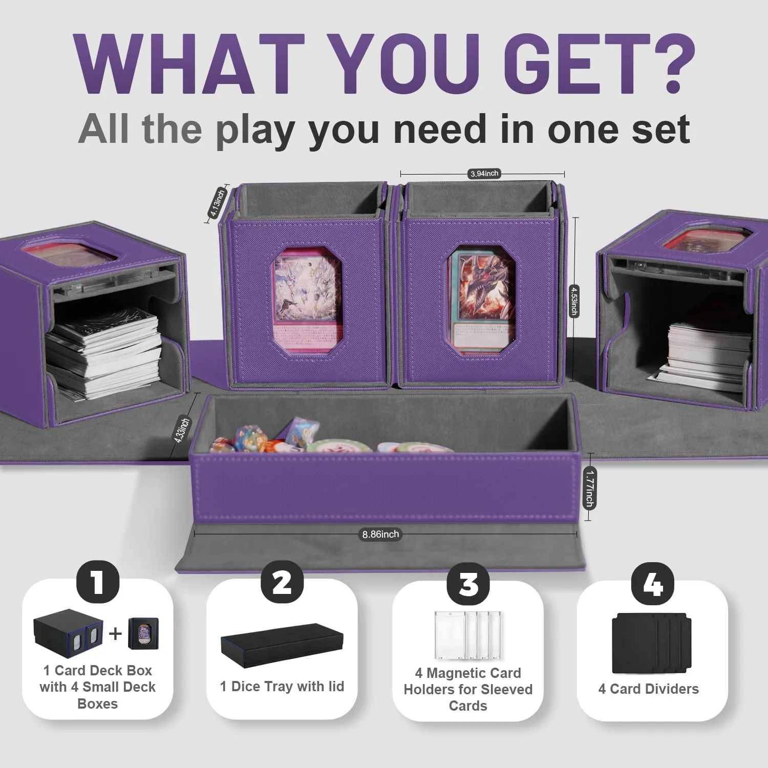 Trading Card Storage Box with Commander Display for MTG, TCG, Sports Cards, 5-in-1 Card Deck Box, Holds 450  Double-Sleeved Cards, 4 Individual Deck Cases with Covers, Dice Tray & Magnetic Holders