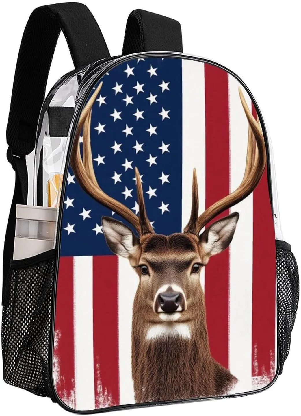 Transparent Daypack for Camping Travel Walking Cycling - Big Capacity Anti-Theft Multipurpose Bookbag, American Flag Hunting Deer Camping Outdoor Backpack