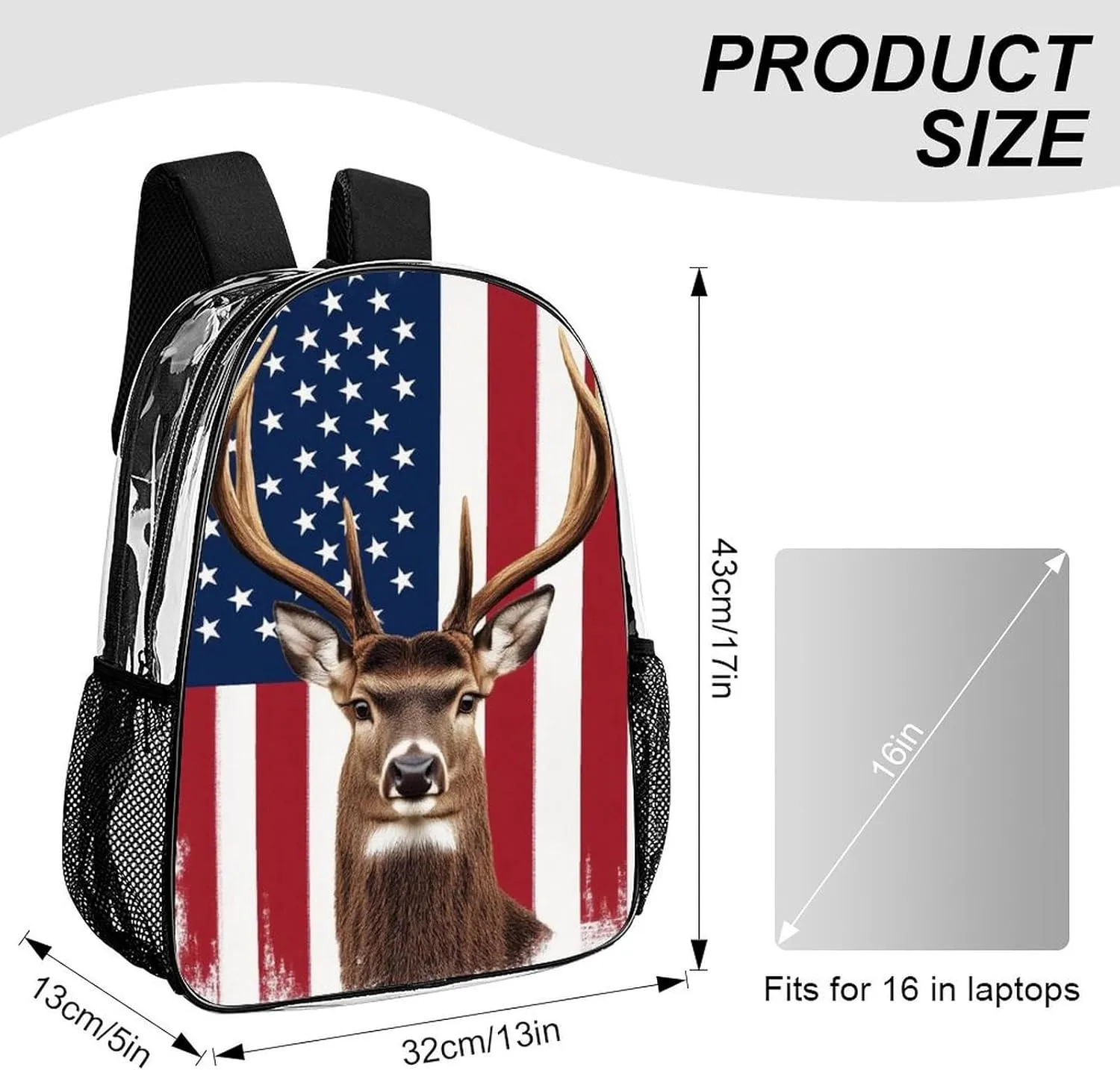 Transparent Daypack for Camping Travel Walking Cycling - Big Capacity Anti-Theft Multipurpose Bookbag, American Flag Hunting Deer Camping Outdoor Backpack