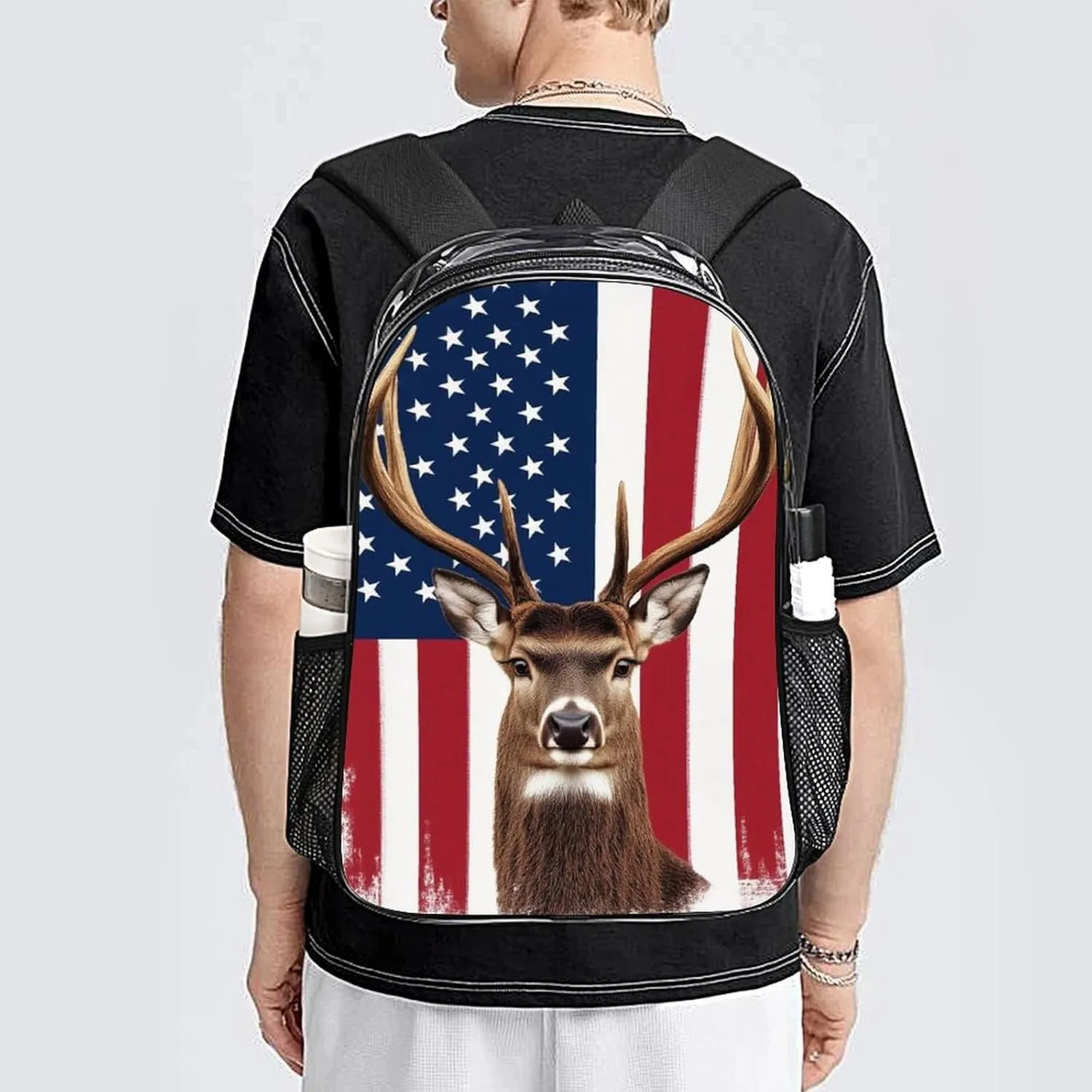 Transparent Daypack for Camping Travel Walking Cycling - Big Capacity Anti-Theft Multipurpose Bookbag, American Flag Hunting Deer Camping Outdoor Backpack