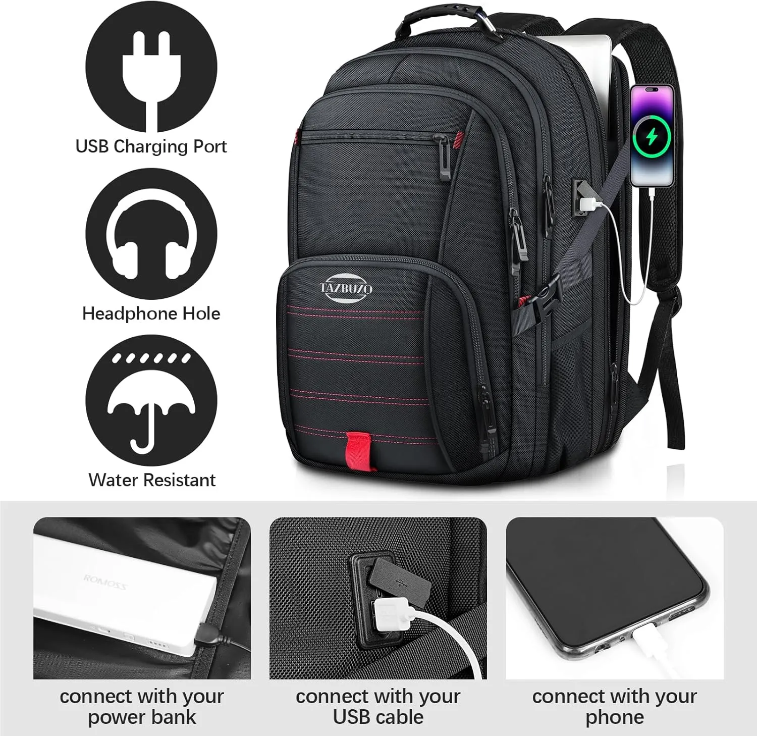 Travel Backpack, Extra Large Backpack, 50L Laptop Backpack for Men, big Backpack, Water Resistant TSA Approved Business Work College School Computer Bag with USB Port, Fits 17 Inch Laptops