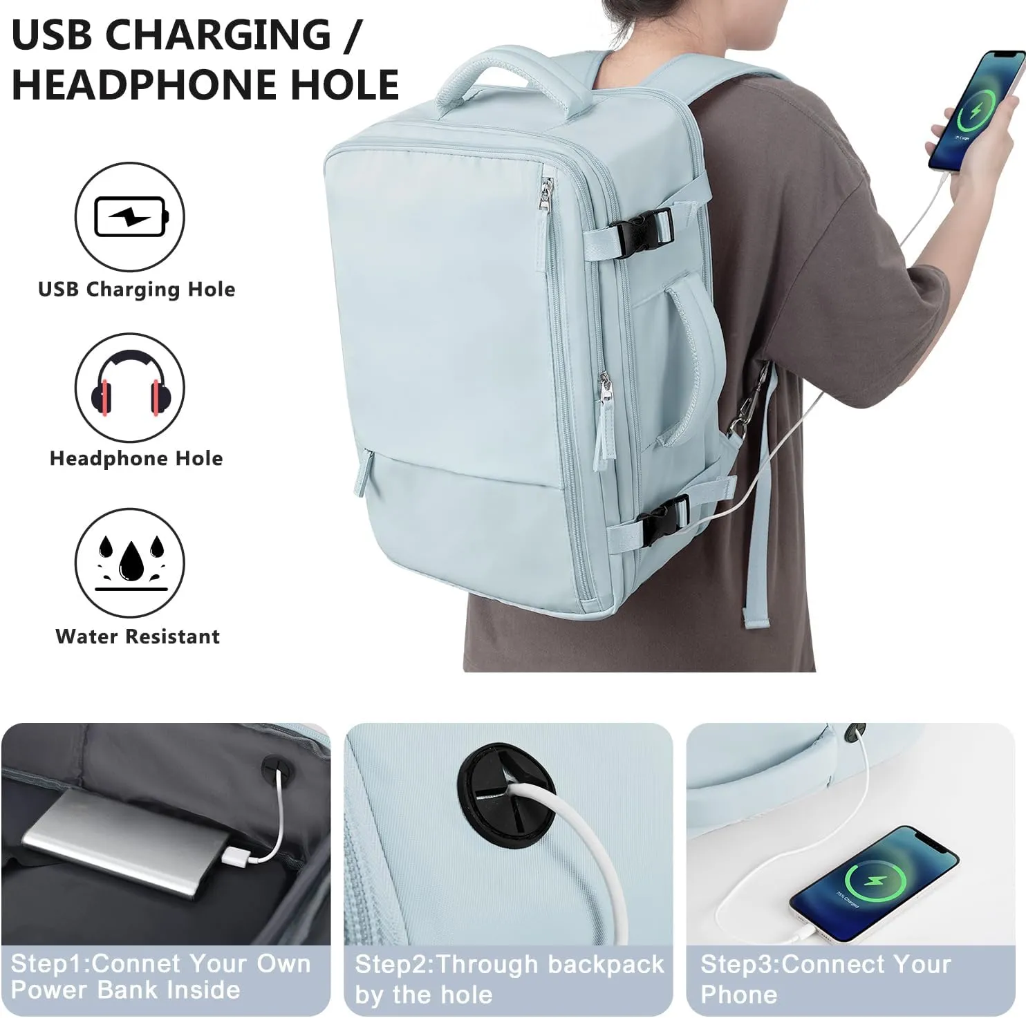 Travel Backpack for Women, Large Carry On Backpack for Travel, Waterproof Backpack Personal Item, Backpack for Women, laptop backpack 17.3 inch, College Bag Casual Daypack, Light Blue