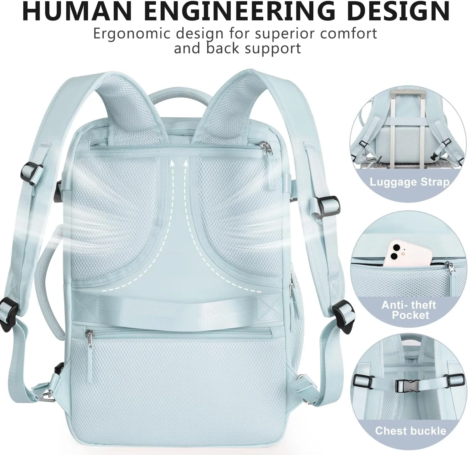 Travel Backpack for Women, Large Carry On Backpack for Travel, Waterproof Backpack Personal Item, Backpack for Women, laptop backpack 17.3 inch, College Bag Casual Daypack, Light Blue