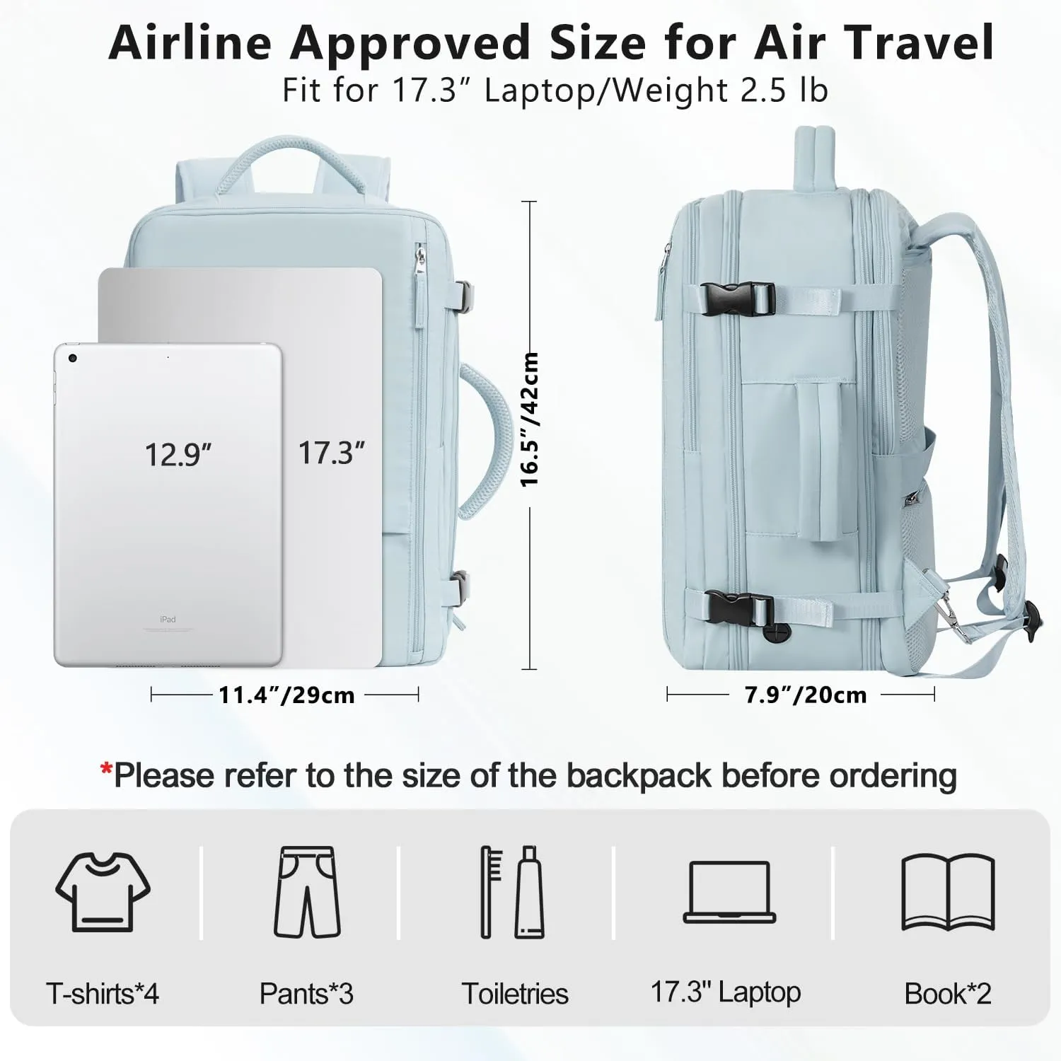 Travel Backpack for Women, Large Carry On Backpack for Travel, Waterproof Backpack Personal Item, Backpack for Women, laptop backpack 17.3 inch, College Bag Casual Daypack, Light Blue